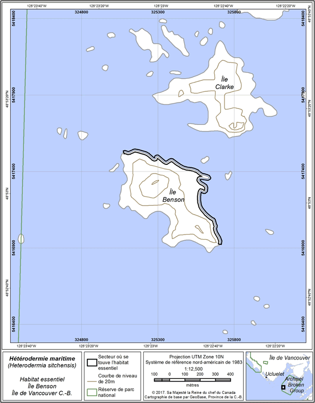 Figure 4 : Zone (2,5 ha) où l’on trouve l’habitat essentiel sur l’île Benson.