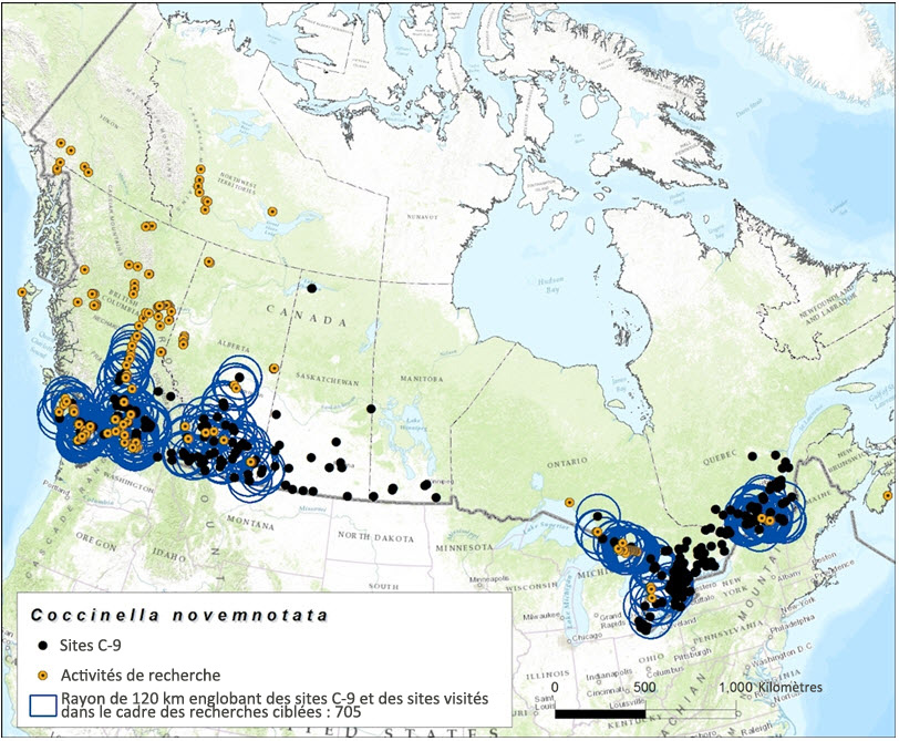 Chevauchement des sites visités, rayon de 120 km (cercles bleus