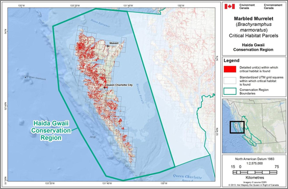 Fig B-1: Map showing scattered locations of critical habitat throughout the Haida Gwaii Conservation Region. (See long description below)