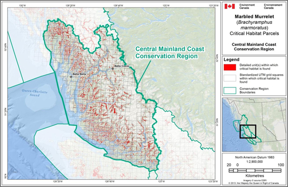Fig B-3: Map showing scattered locations of critical habitat throughout the Central Mainland Coast Conservation Region. (See long description below)