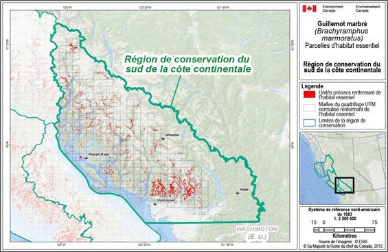 Fig B-6 : Carte illustrant des emplacements d’habitat essentiel parsemés dans l’ensemble de la région de conservation du sud de la côte continentale. (Voir description longue ci-dessous.)