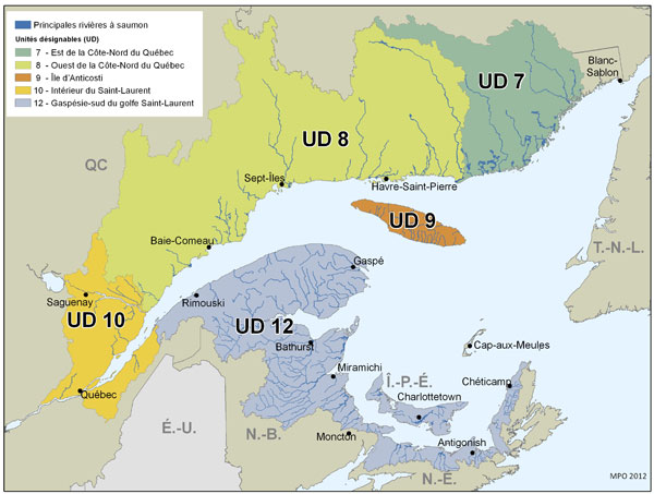 Figure 1. Aire de répartition des cinq populations de saumon atlantique visées par la consultation.  (Voir description longue ci-dessous.)