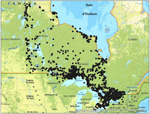 Lieux de récolte de spécimens  de lichens en Ontario, au Québec et au Manitoba