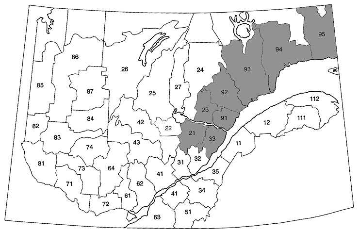 Location of Quebec Ministry of Natural Resources management units for which information on habitat loss is presented in Table 17. These management units correspond to (a part of) the “core breeding area” of the Barrow’s Goldeneye in eastern North America.