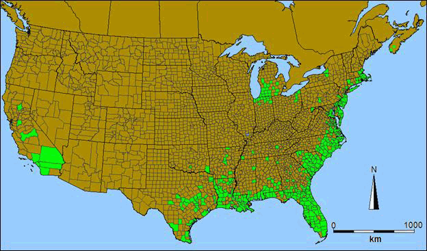 Native range green shading of Water Pennywort