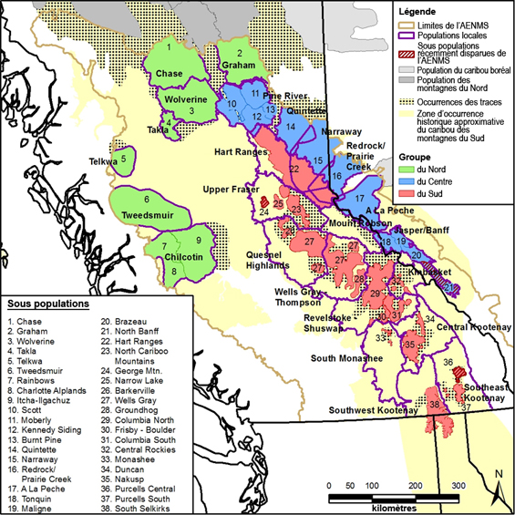 &gt;Figure 1. Répartition actuelle des sous-populations et des populations locales du caribou des montagnes du Sud. (Voir longue description ci-dessous)