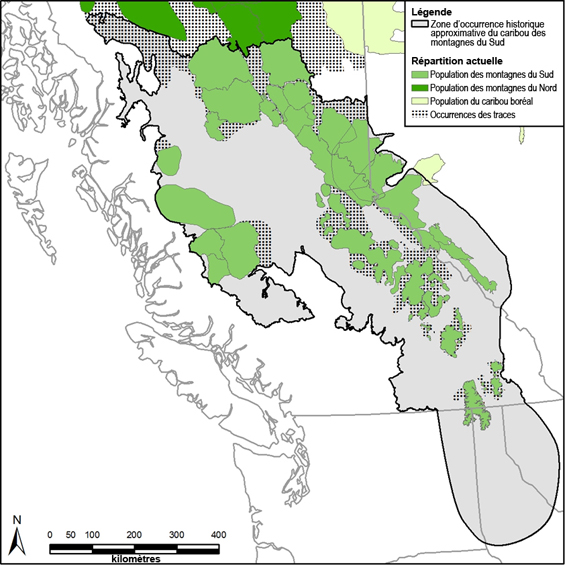 Figure 2. Répartition actuelle et zone d’occurrence historique approximative du caribou des montagnes du Sud; des parties des aires de répartition des populations du caribou boréal et des montagnes du Nord sont également présentées. (Voir longue description ci-dessous)
