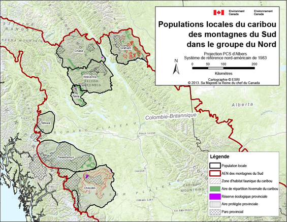 Figure 1 de l'annexe B : Populations locales du caribou des montagnes du Sud dans le groupe du Nord. (Voir longue description ci-dessous)