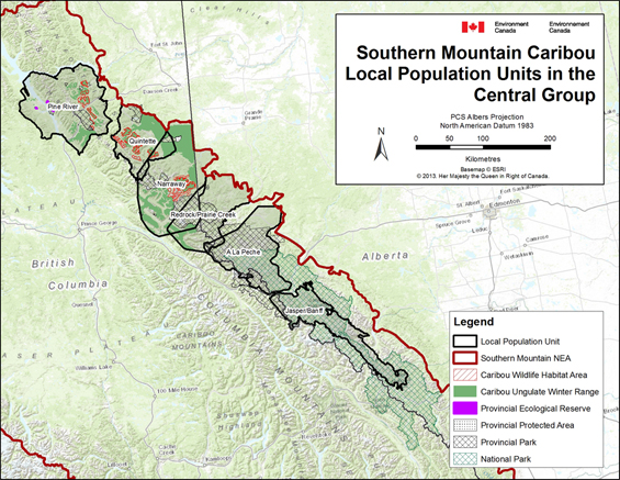Figure B-2. Southern Mountain Caribou - Local Population Units in the Central Group. (See long description below)