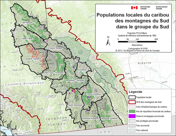 Figure 3 de l'annexe B : Populations locales du caribou des montagnes du Sud dans le groupe du Sud. (Voir longue description ci-dessous)