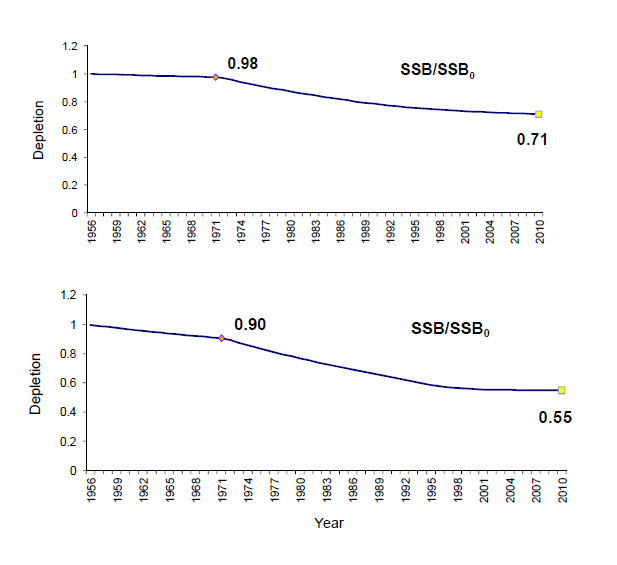 Two catch-free model runs fit to the indices of relative spawning stock biomass (SSB)
