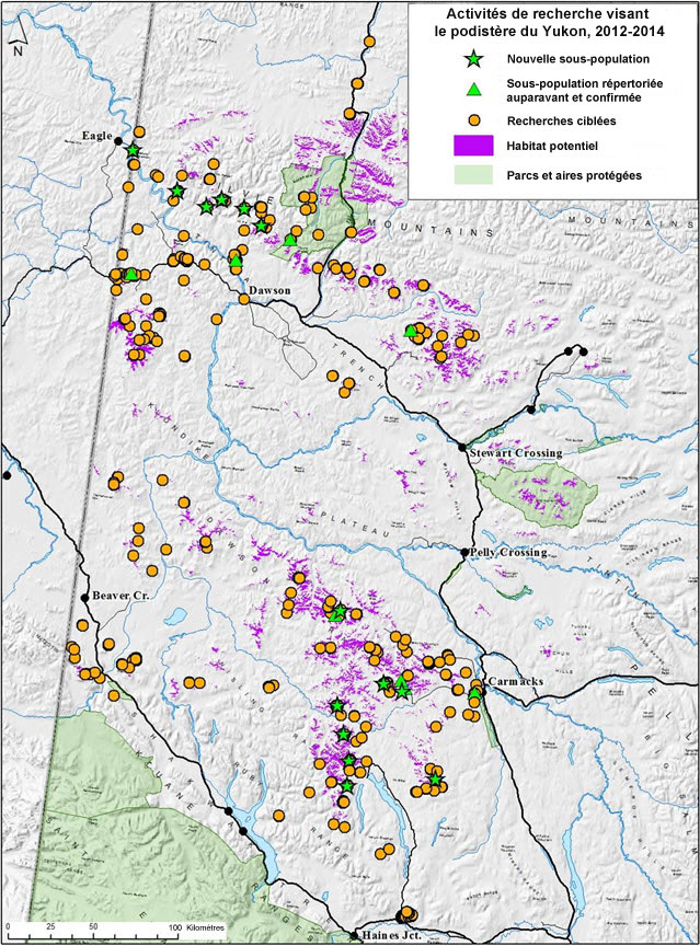 Carte illustrant les activités de recherche visant le podistère du Yukon, réalisées au Yukon de 2012 à 2014.