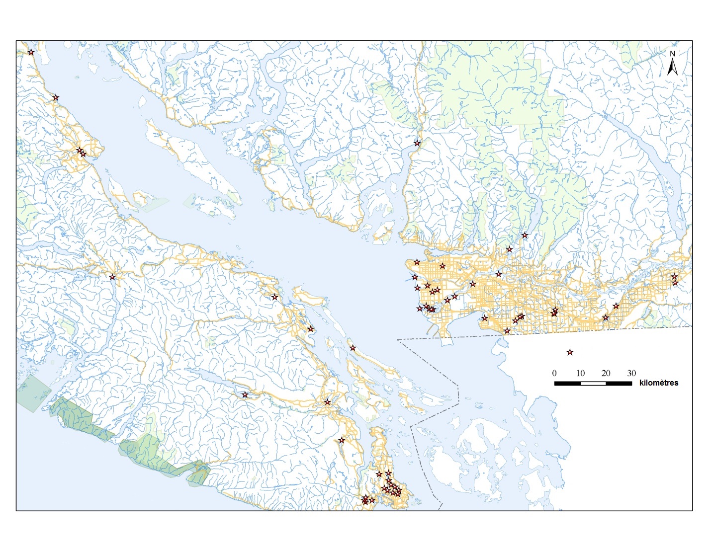 Figure 4. Occurrences du grand bident en Colombie Britannique en 2012 (B.C. Conservation Data Centre, 2013b)