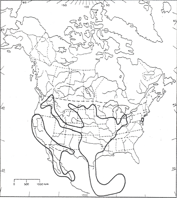 Figure 2. Aire de répartition de l'ammannie robuste en Amérique du Nord (Pryer et Keddy, 1987). (Voir description longue ci-dessous.)