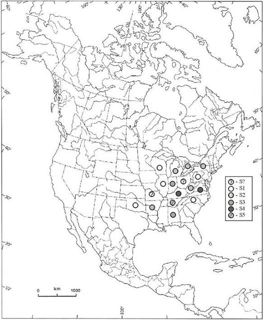Figure 8. &nbsp;State and provincial conservation priority ranks (S-ranks) for Villosa iris (adapted from information provided on www.natureserve.org; S?=not ranked/under review; S1=critically imperiled; S2=imperiled; S3=vulnerable; S4=apparently secure; S5=secure). Where S-ranks were hybridized (i.e. S2S3) the rank of greater priority is displayed.