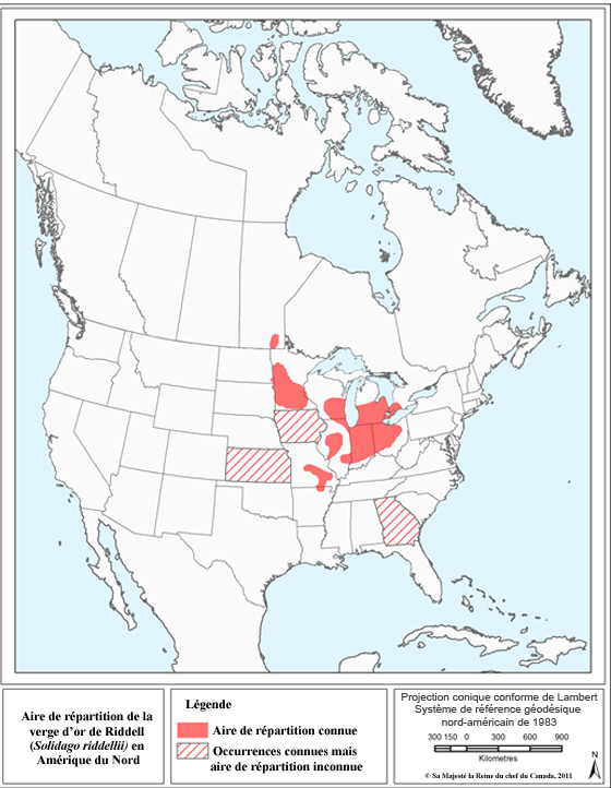 Figure 1. Aire de répartition de la verge d'or de Riddell en Amérique du Nord (Voir description longue ci-dessous.)