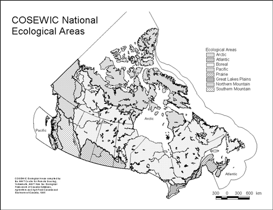 Figure 2. National Ecological Areas established by COSEWIC in 1994. (see long description below)