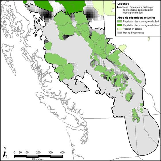 Figure 3. Aire de répartition actuelle et zone d’occurrence historique approximative du caribou des montagnes du Sud; des parties des aires de répartition des populations du caribou boréal et du caribou des montagnes du Nord sont également présentées.