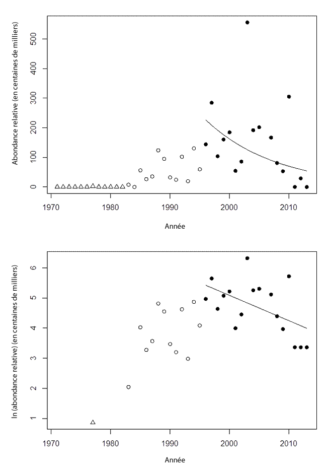 Tendances des estimations réalisées lors de relevés au chalut de fond de l’effectif des raies tachetées au sud de Terre-Neuve, dans 3LNOP de l’OPANO (1971-2013)