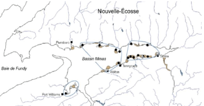 Figure 1. Répartition de la pholade tronquée au Canada. (Voir description longue ci-dessous.)