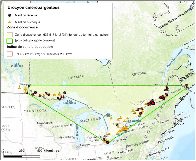 Zone  d'occurrence du renard gris