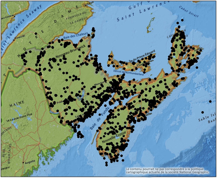Lieux de récolte de  spécimens de lichens au Nouveau-Brunswick et en Nouvelle-Écosse