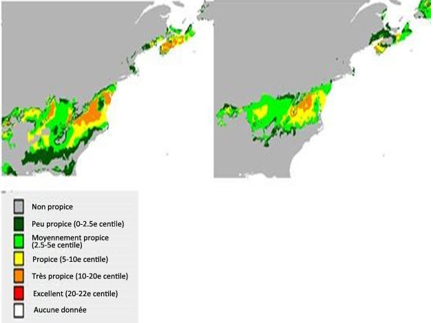 Caractère convenable  actuel (à gauche) et futur (dans 100 ans, à droite) du climat