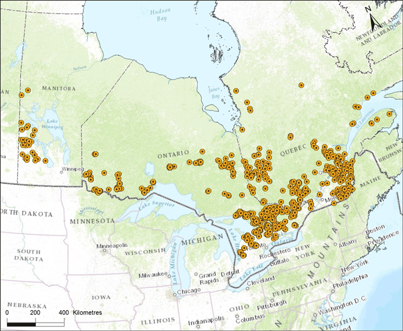 Location of samples used in identifying   the distribution of Eastern Wolf