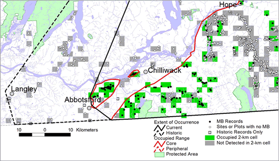 Figure 2. Mountain Beaver occurrence records and sites or plots where it was not detected in the lower Fraser valley up to 2010. description (See long description below)