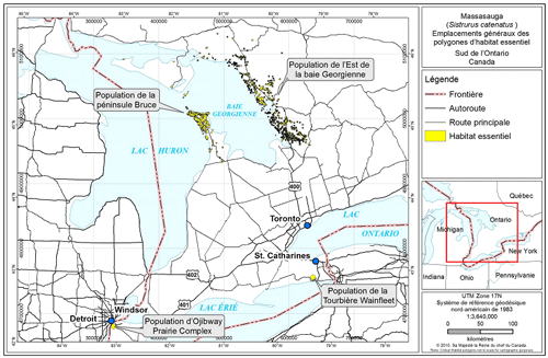 Carte indiquant les emplacements généraux de l’habitat essentiel pour le massasauga au Canada. (Voir description longue ci-dessous.)