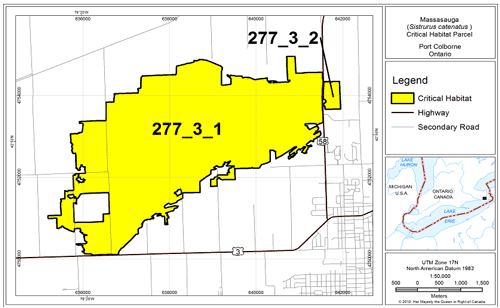 Fine-scale map of the two Massasauga critical habitat parcels at Wainfleet. (See long description below)