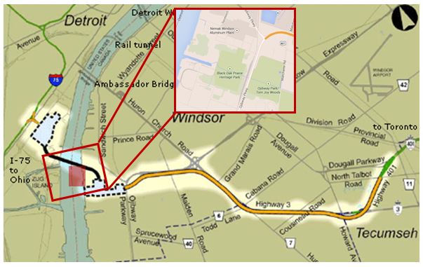 Map of Detroit and Windsor bridge