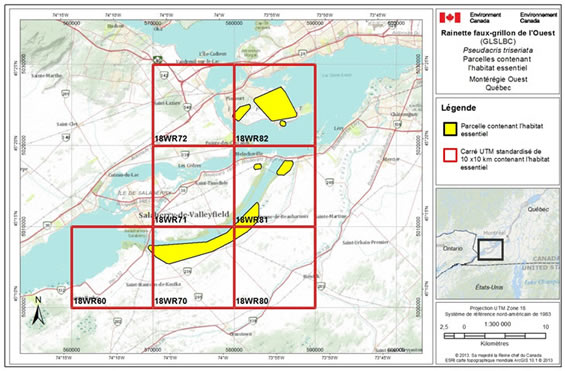 Figure A-1. Habitat essentiel pour la rainette faux-grillon de l’Ouest (GLSLBC) dans le secteur Montérégie Ouest au Québec. (Voir description longue ci-dessous.)