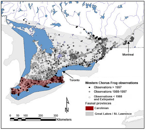 Figure 2. Canadian observations of the Western Chorus Frog in the faunal provinces. (See long description below)