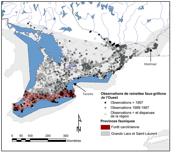 Figure 2. Observations canadienne de la rainette faux-grillon de l’Ouest dans les provinces fauniques. (Voir description longue ci-dessous.)