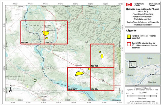 Figure A-3. Habitat essentiel pour la rainette faux-grillon de l’Ouest (GLSLBC) dans les secteurs Île-du-Grand-Calumet et Shawville au Québec. (Voir description longue ci-dessous.)