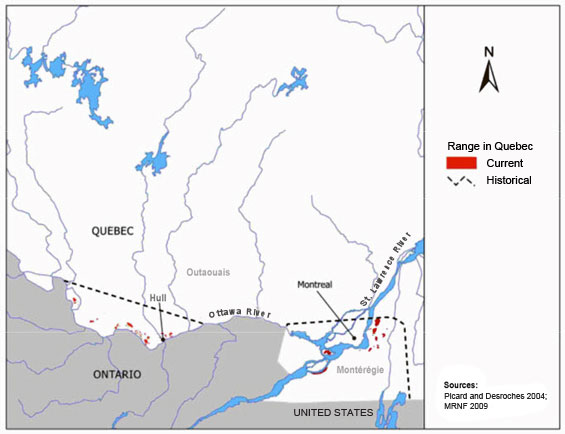 Figure 3. Historical and current ranges of the Western Chorus Frog (GLSLCS) in the Outaouais and Montérégie regions of Quebec (Gagné 2010). (See long description below)