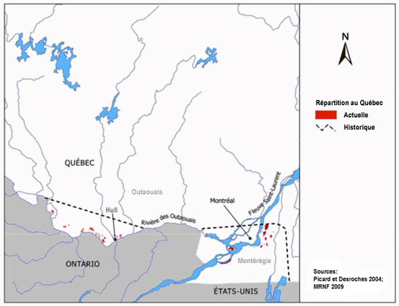 Figure 3. Aires de répartition historique et actuelle de la rainette faux-grillon de l’Ouest (GLSLBC) en Outaouais et en Montérégie (tirée de Gagné, 2010). (Voir description longue ci-dessous.)