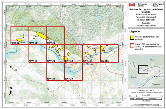 Figure A-4. Habitat essentiel pour la rainette faux-grillon de l’Ouest (GLSLBC) dans le secteur de Gatineau au Québec. (Voir description longue ci-dessous.)