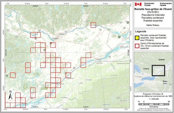 Figure A-5. Habitat essentiel pour la rainette faux-grillon de l’Ouest (GLSLBC) dans la Vallée Rideau en Ontario. (Voir description longue ci-dessous.)