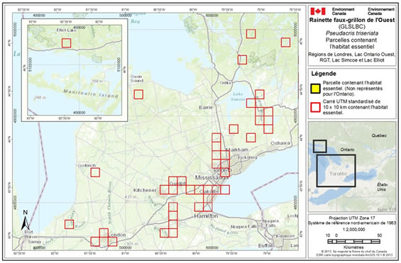 Figure A-7. Habitat essentiel pour la rainette faux-grillon de l’Ouest (GLSLBC) dans les régions de Londres, Lac Ontario Ouest, RGT, Lac Simcoe et Lac Ellioten Ontario. (Voir description longue ci-dessous.)