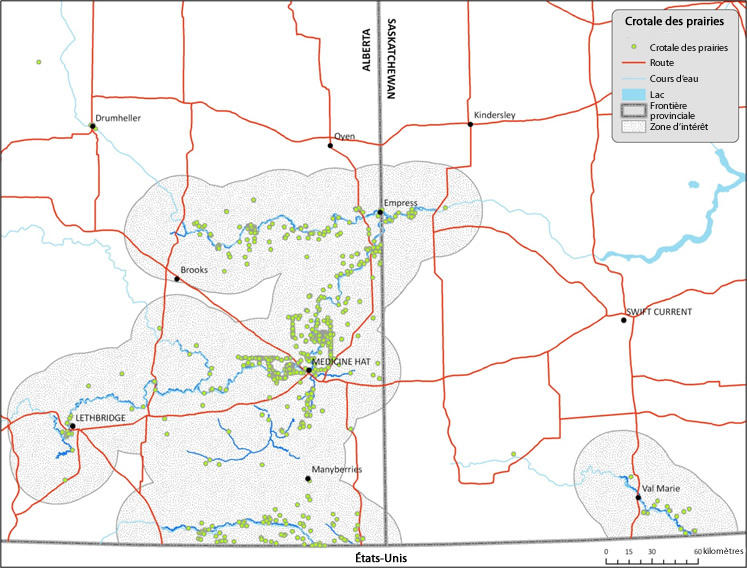 Carte : Zone d'occupation  biologique maximale du crotale des prairies au Canada