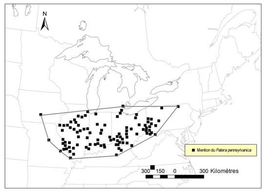 Carte  : Sud-ouest de l'Ontario jusqu'à l'Iowa et au Missouri et, vers l'est, jusqu'en Pennsylvanie