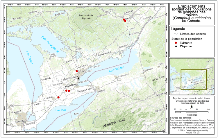 Emplacements des populations de gomphes des rapides au Canada - Existante et Disparue