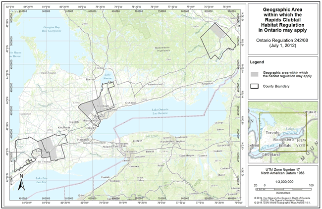 Map: Rapids Clubtail Habitat Regulation in Ontario