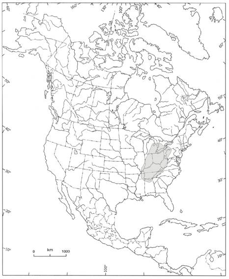 Figure 2. Répartition du Ptychobranchus fasciolaris en Amérique du Nord (d’après l’information fournie par les compétences gouvernementales).