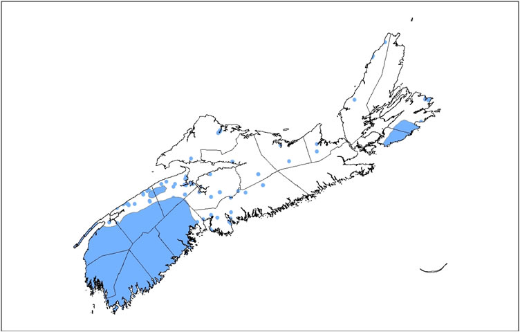 Répartition générale (en bleu) des espèces de la FPCA qui sont protégées par la loi ou qui figurent sur les listes rouge (possiblement en péril) et jaune (sensible).