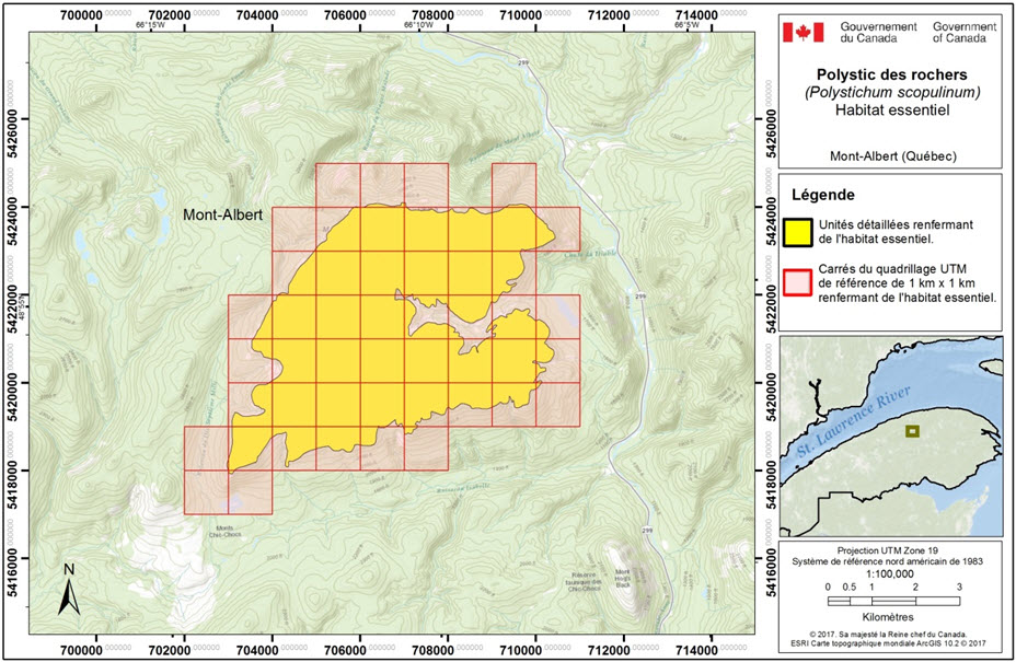 La figure 2 montre une carte présentant l'habitat essentiel au mont Albert, au Québec