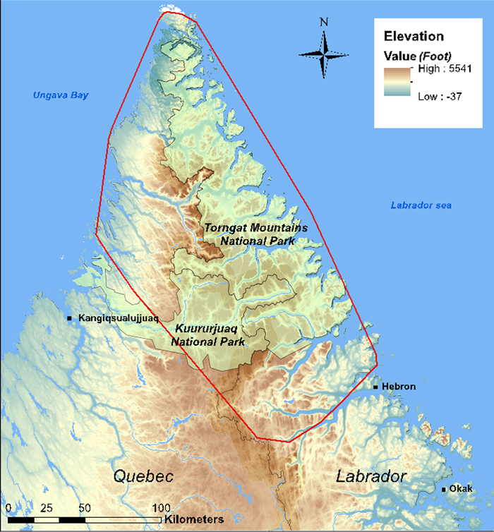 Map of northern tip of Quebec and Labrador. Long description in preceding paragraph.