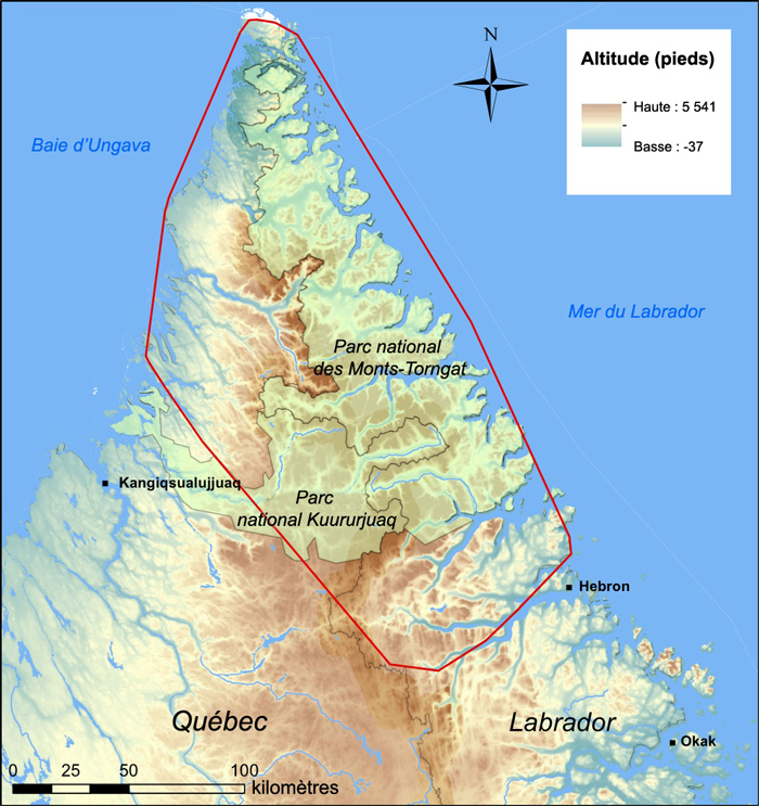 Carte de la pointe nord du Québec et du Labrador. Description longue situé dans la paragraphe précédent.